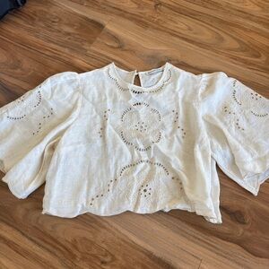 Abercrombie & Fitch Cream Eyelet Linen Crop Blouse